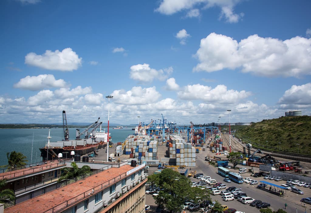 The Port of Mombasa and its container yard seen from the water's edge