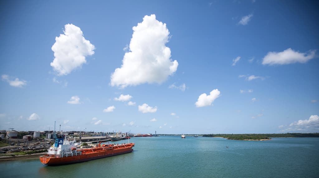 Tanker in the harbour at the Port of Mombasa under a blue sky