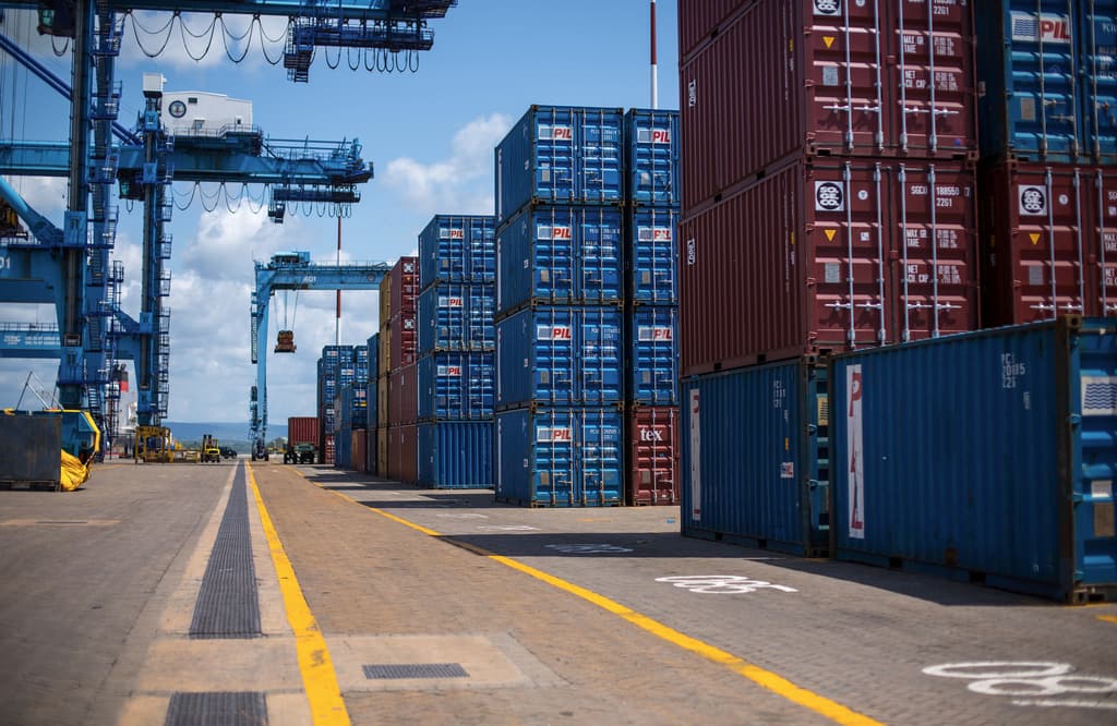Stacked containers along a quay aisle at the Port of Mombasa