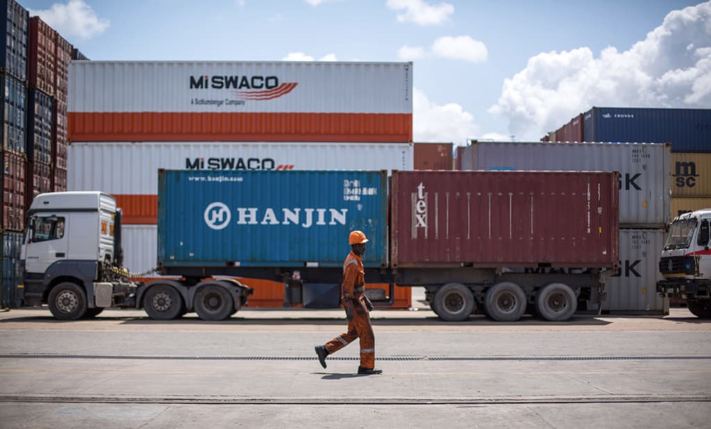 Container trucks loaded at the Port of Mombasa ready for road transit