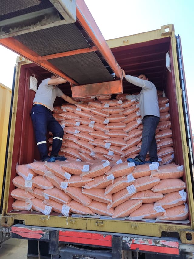 Two workers stacking sacked cargo inside a container